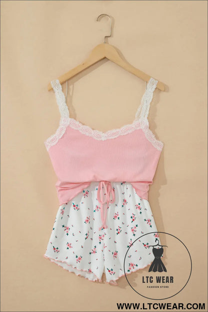 Pink ribbed knit lace straps patchwork lettuce hem cropped top floral short lounge set - loungewear