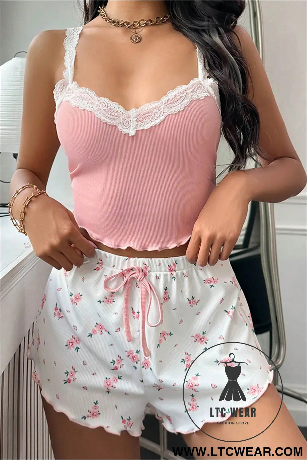 Pink ribbed knit lace straps patchwork lettuce hem cropped top floral short lounge set - loungewear