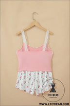 Pink ribbed knit lace straps patchwork lettuce hem cropped top floral short lounge set - loungewear