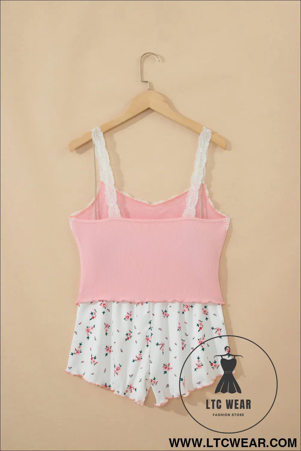 Pink ribbed knit lace straps patchwork lettuce hem cropped top floral short lounge set - loungewear