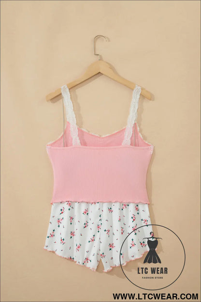 Pink ribbed knit lace straps patchwork lettuce hem cropped top floral short lounge set - loungewear