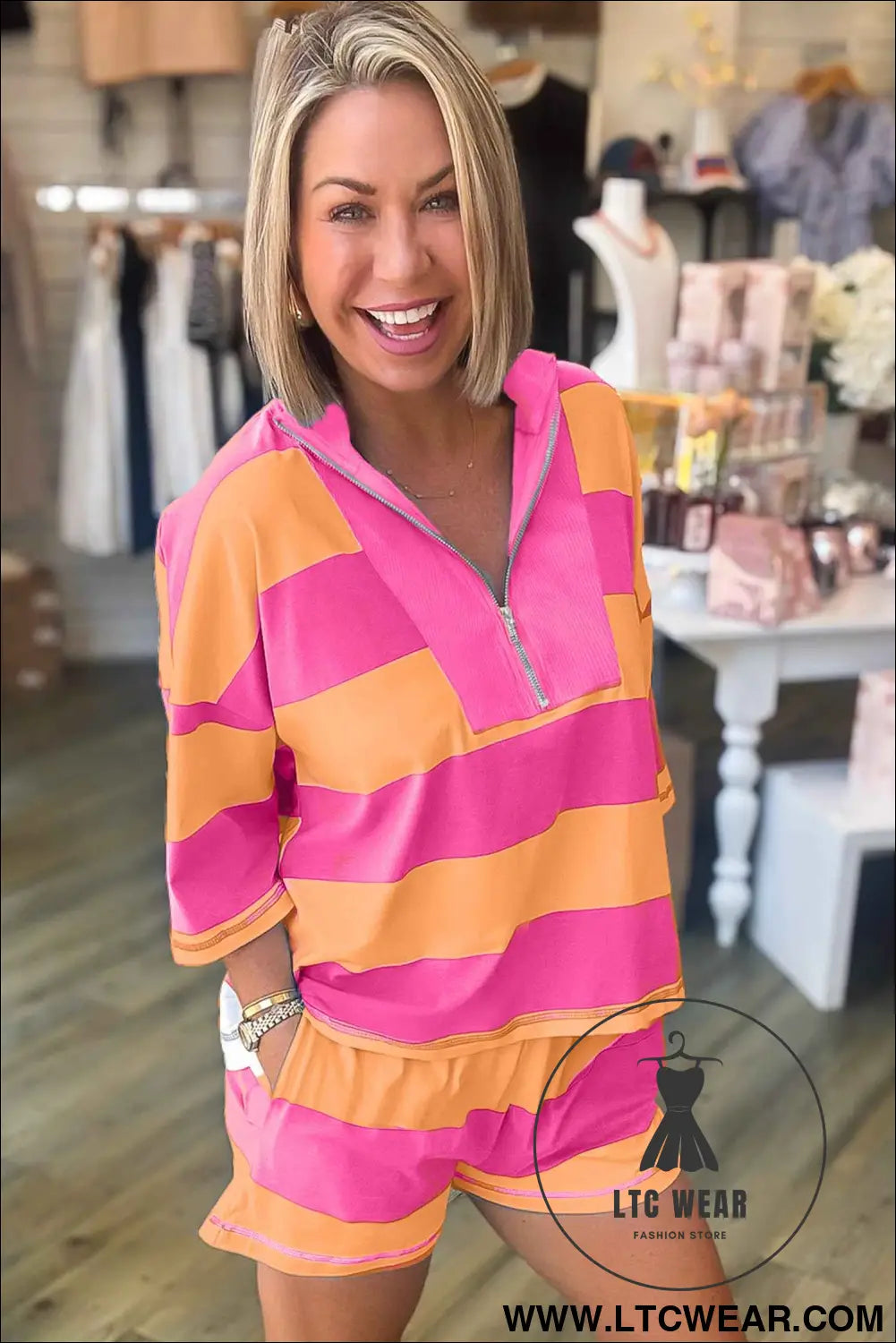 Pink Seam Detail Half Zip Tee Casual Shorts 2pcs Set