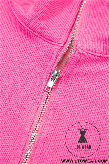 Pink Seam Detail Half Zip Tee Casual Shorts 2pcs Set - L.T.C Wear Online Fashion Store