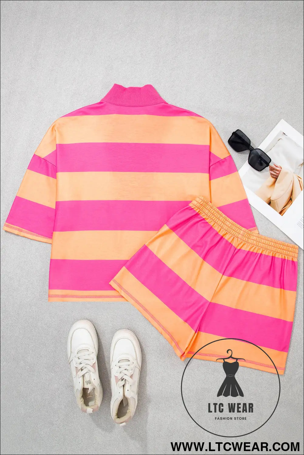 Pink Seam Detail Half Zip Tee Casual Shorts 2pcs Set - L.T.C Wear Online Fashion Store