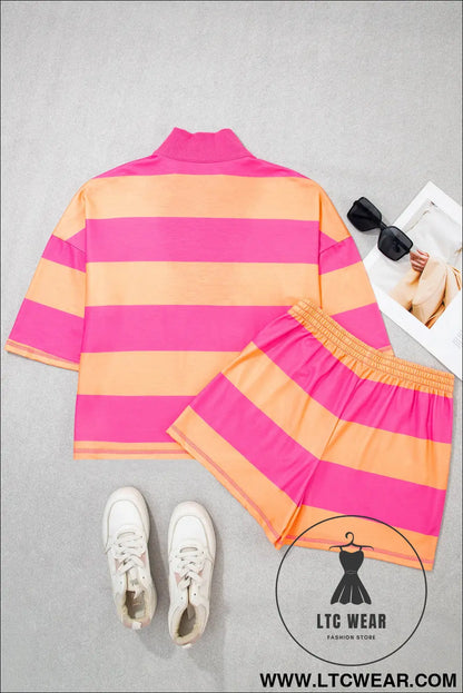 Pink Seam Detail Half Zip Tee Casual Shorts 2pcs Set - L.T.C Wear Online Fashion Store