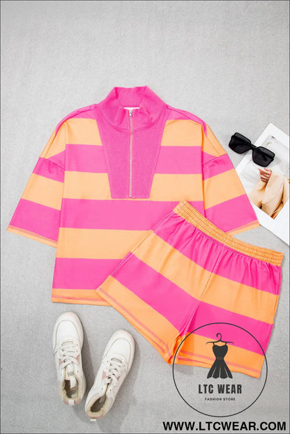 Pink Seam Detail Half Zip Tee Casual Shorts 2pcs Set - L.T.C Wear Online Fashion Store