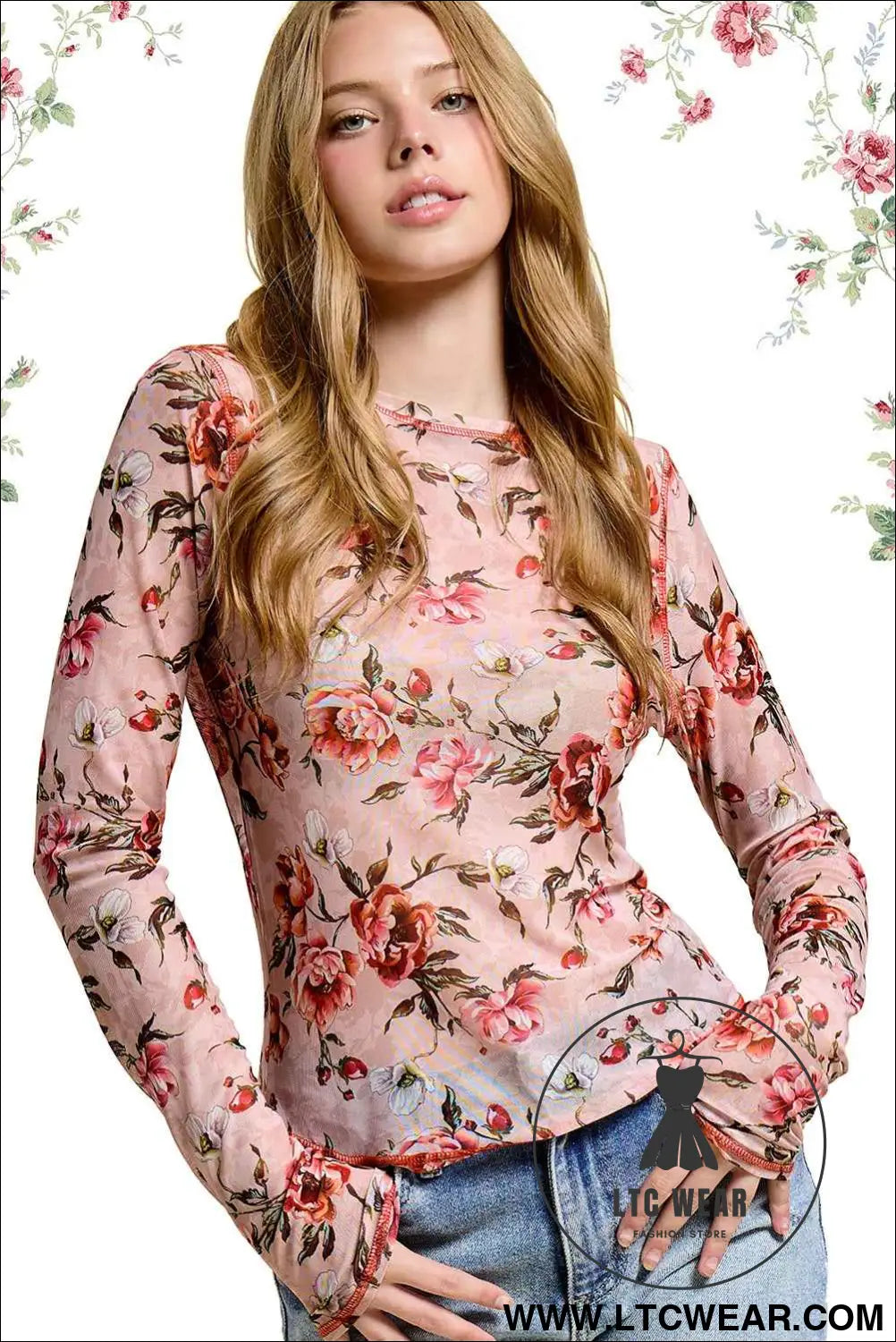 Pink Semi Sheer Crew Neck Long Sleeve Mesh Layering Top