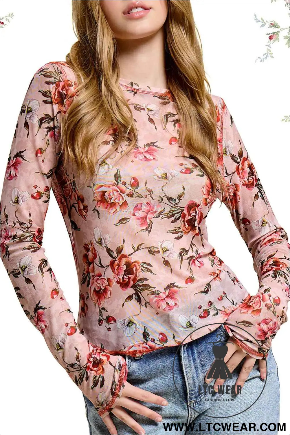 Pink Semi Sheer Crew Neck Long Sleeve Mesh Layering Top
