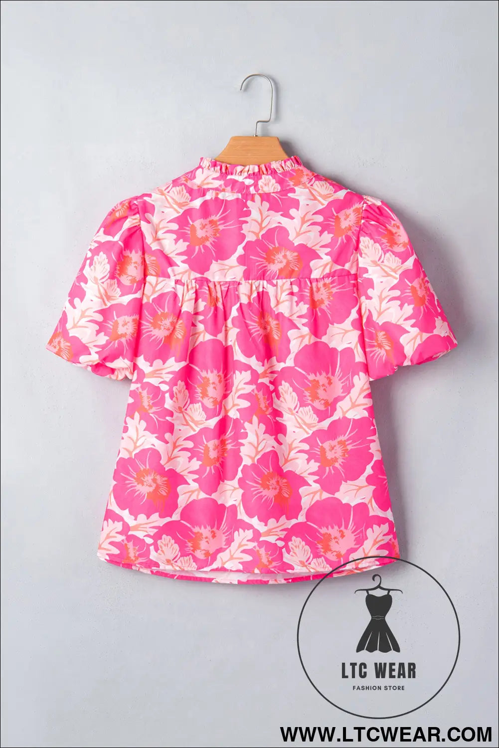 Pink short bubble sleeve summer floral blouse - blouses & shirts