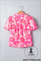 Pink short bubble sleeve summer floral blouse - blouses & shirts