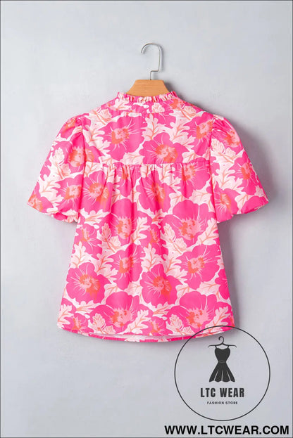 Pink short bubble sleeve summer floral blouse - blouses & shirts