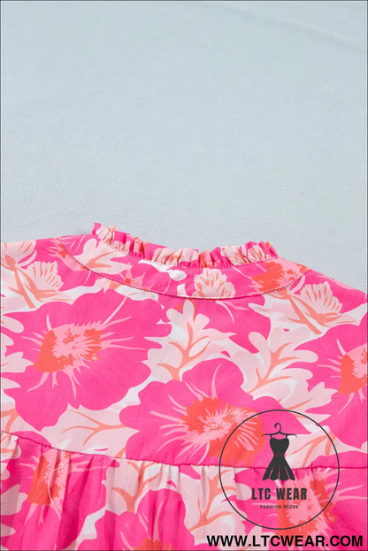 Pink short bubble sleeve summer floral blouse - blouses & shirts