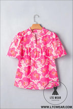 Pink short bubble sleeve summer floral blouse - blouses & shirts