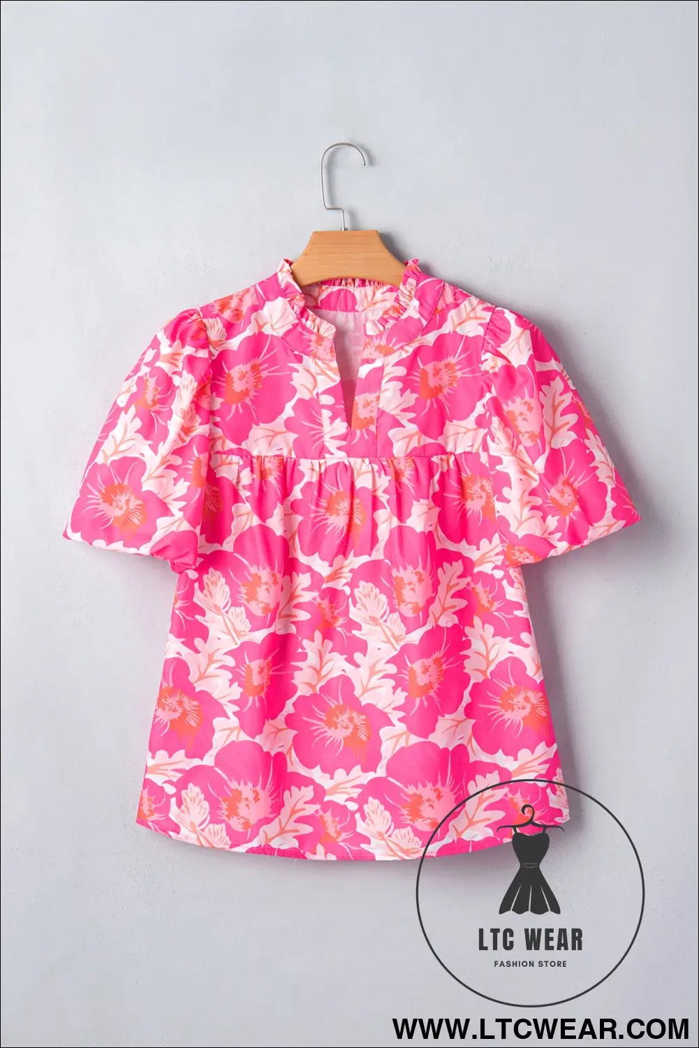 Pink short bubble sleeve summer floral blouse - blouses & shirts