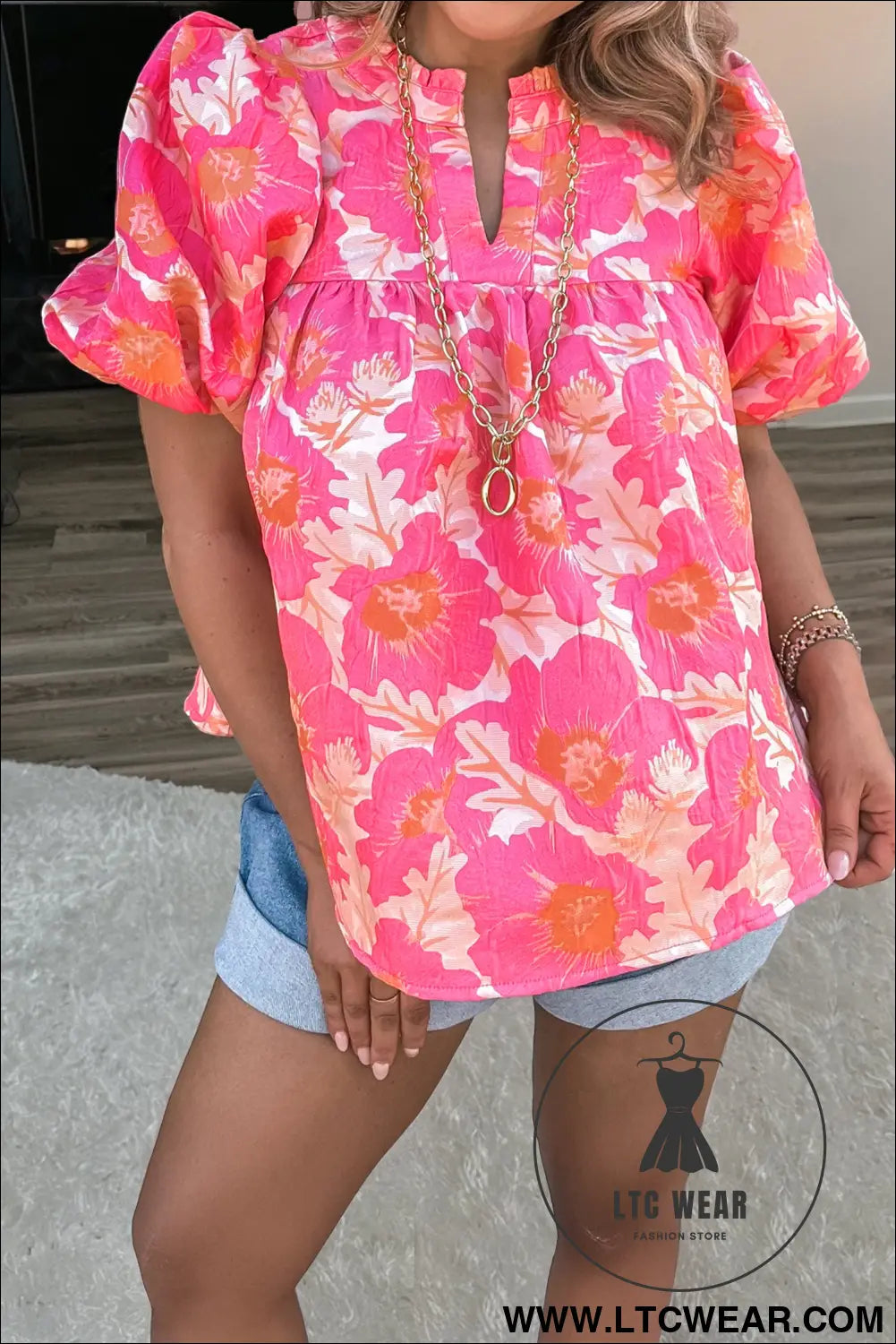 Pink short bubble sleeve summer floral blouse - pink / l / 100% polyester - blouses & shirts