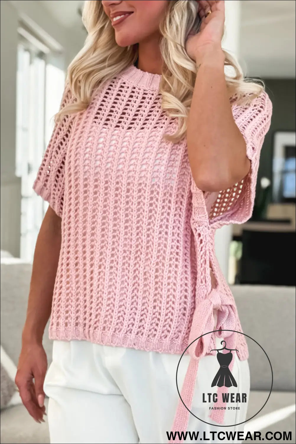 Pink side tie hollow-out crochet knit top - pink / l / 100% acrylic - short sleeve sweaters
