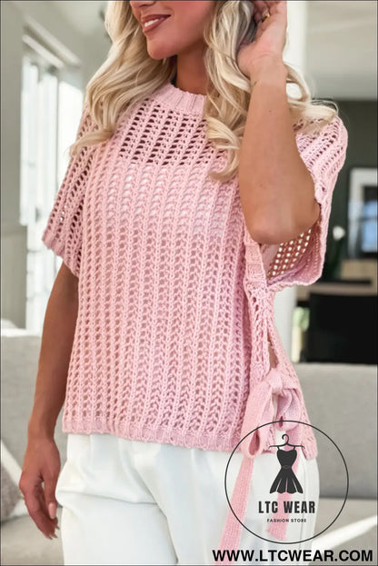 Pink side tie hollow-out crochet knit top - pink / l / 100% acrylic - short sleeve sweaters