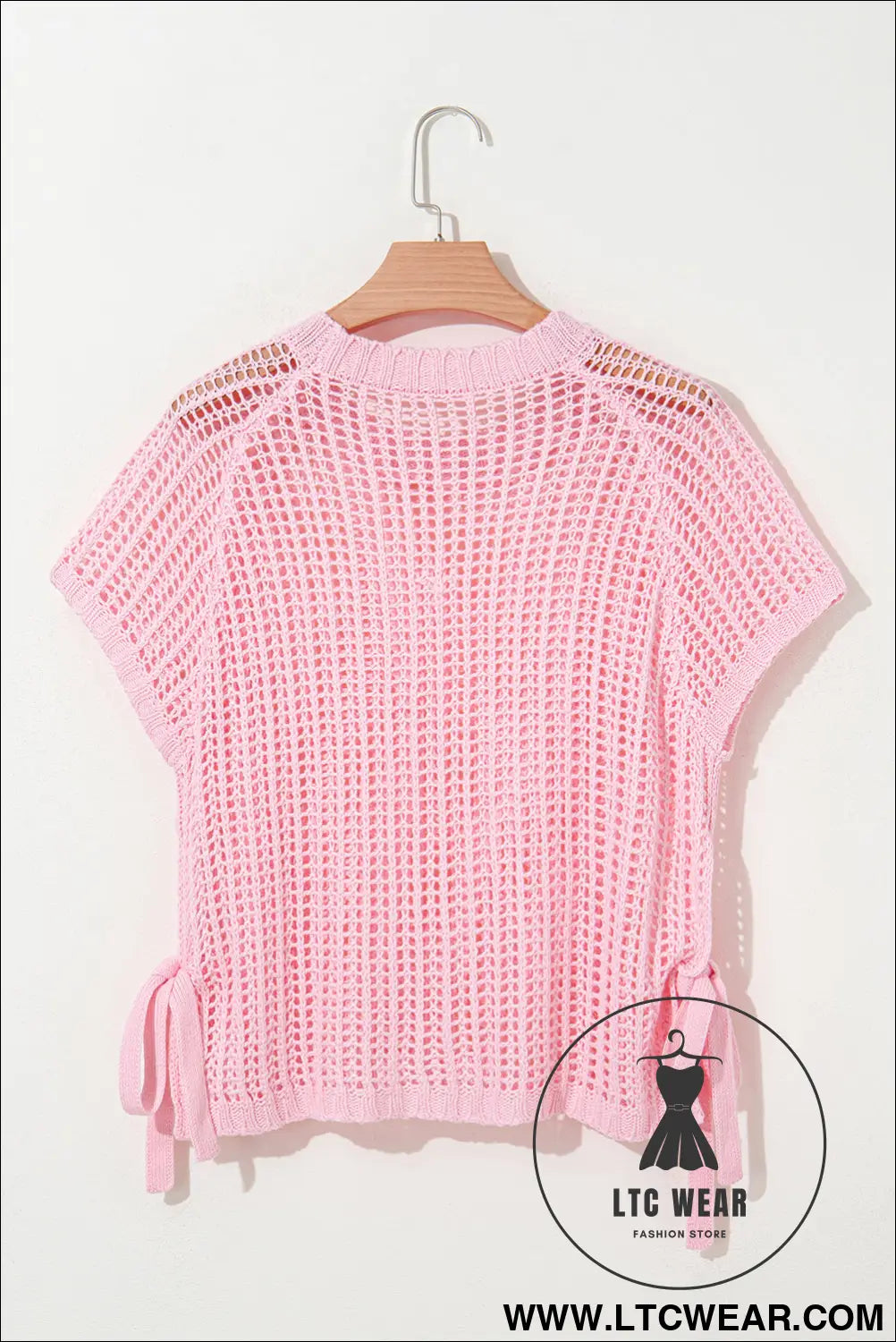Pink side tie hollow-out crochet knit top - short sleeve sweaters