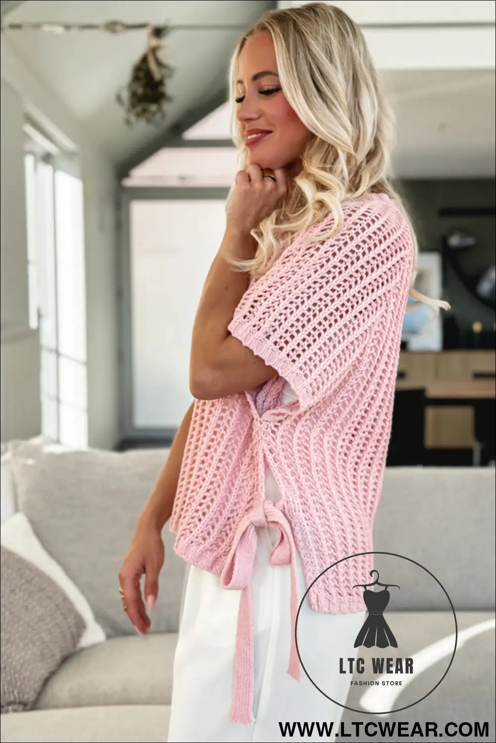 Pink side tie hollow-out crochet knit top - short sleeve sweaters