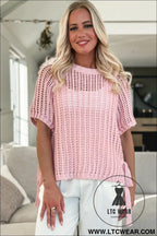 Pink side tie hollow-out crochet knit top - short sleeve sweaters