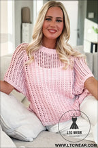 Pink side tie hollow-out crochet knit top - short sleeve sweaters