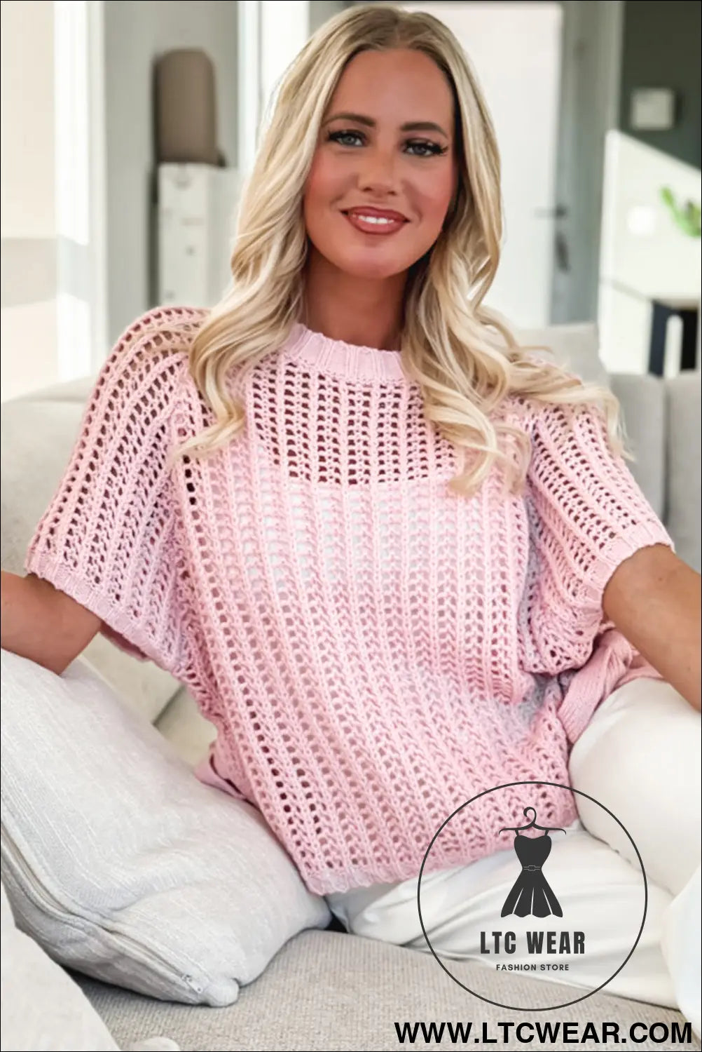 Pink side tie hollow-out crochet knit top - short sleeve sweaters
