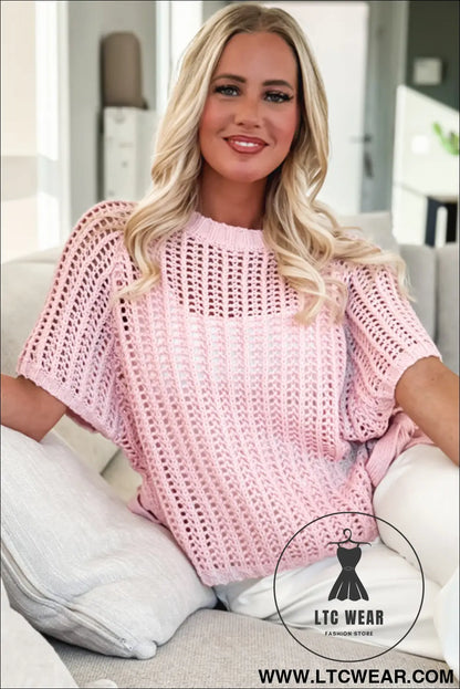 Pink side tie hollow-out crochet knit top - short sleeve sweaters
