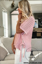 Pink side tie hollow-out crochet knit top - short sleeve sweaters