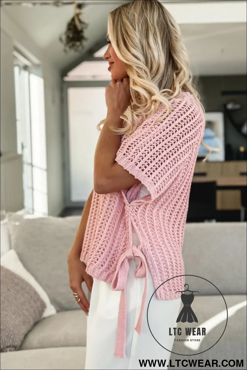 Pink side tie hollow-out crochet knit top - short sleeve sweaters