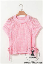 Pink side tie hollow-out crochet knit top - short sleeve sweaters