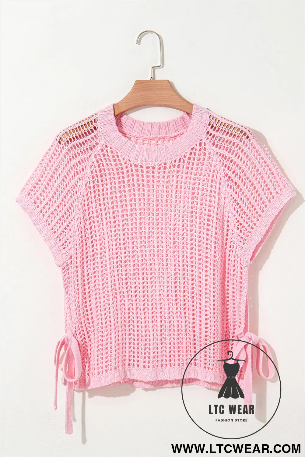 Pink side tie hollow-out crochet knit top - short sleeve sweaters
