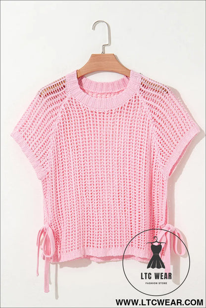 Pink side tie hollow-out crochet knit top - short sleeve sweaters