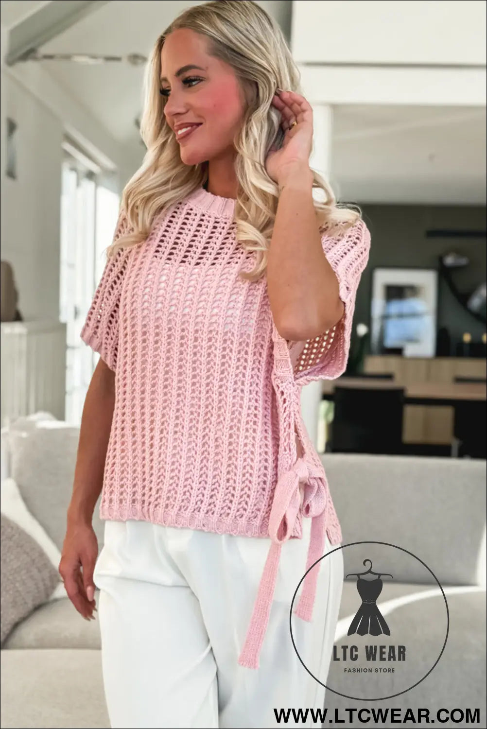 Pink side tie hollow-out crochet knit top - short sleeve sweaters