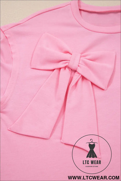 Pink Solid Color Raw Edge Bow Patch Loose T Shirt - L.T.C Wear Online Fashion Store