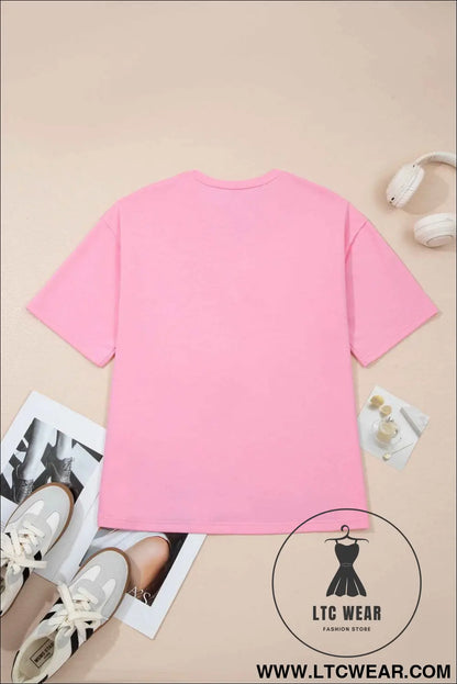 Pink Solid Color Raw Edge Bow Patch Loose T Shirt