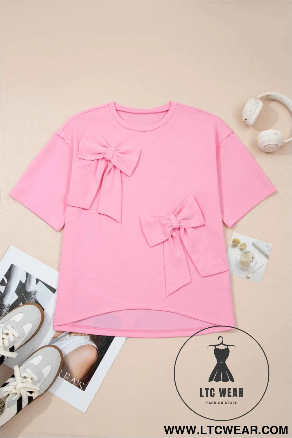 Pink Solid Color Raw Edge Bow Patch Loose T Shirt