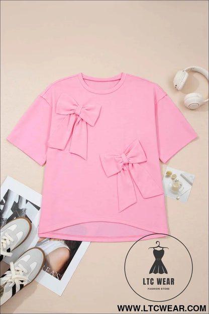 Pink Solid Color Raw Edge Bow Patch Loose T Shirt