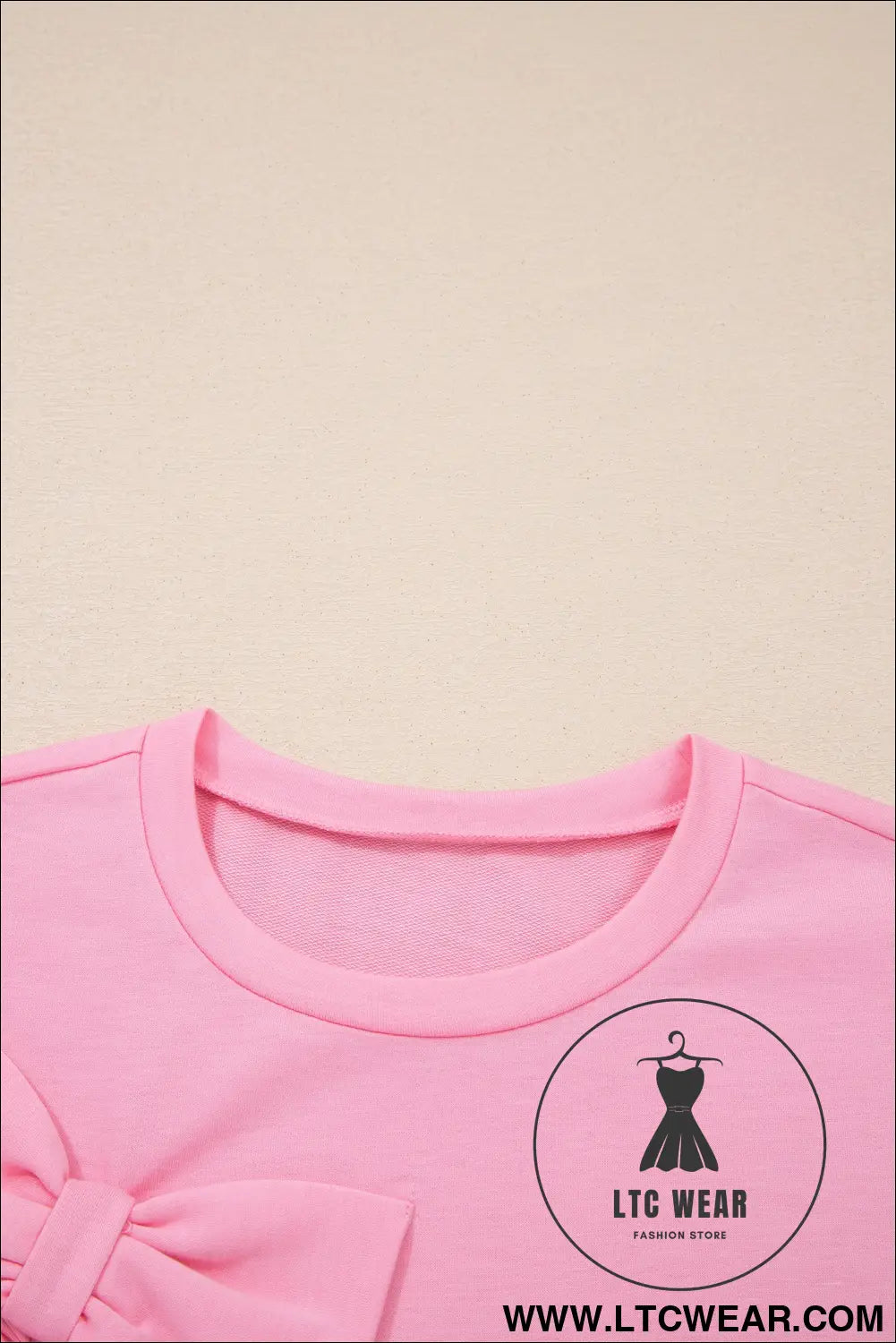 Pink Solid Color Raw Edge Bow Patch Loose T Shirt - L.T.C Wear Online Fashion Store