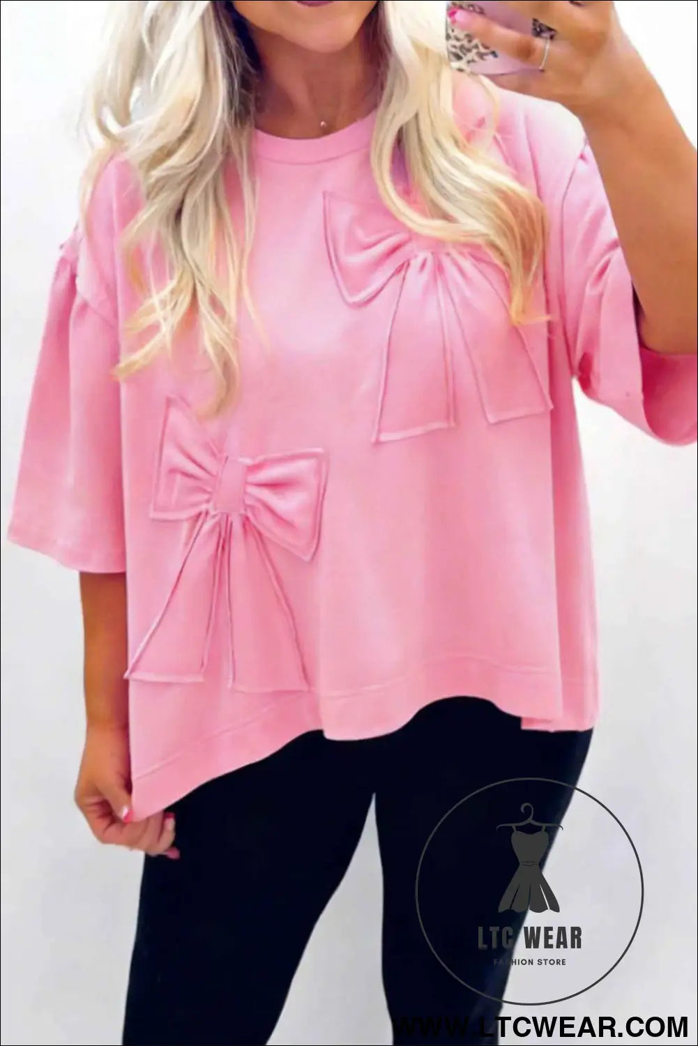 Pink Solid Color Raw Edge Bow Patch Loose T Shirt