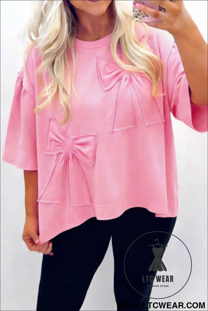 Pink Solid Color Raw Edge Bow Patch Loose T Shirt