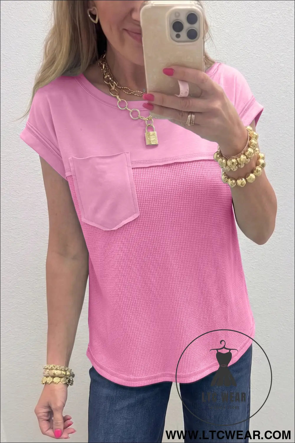 Pink solid color raw seam waffled patchwork casual t shirt - pink / l / 75% polyester + 25% cotton - tops & tees