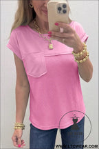 Pink solid color raw seam waffled patchwork casual t shirt - pink / l / 75% polyester + 25% cotton - tops & tees