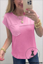 Pink solid color raw seam waffled patchwork casual t shirt - tops & tees