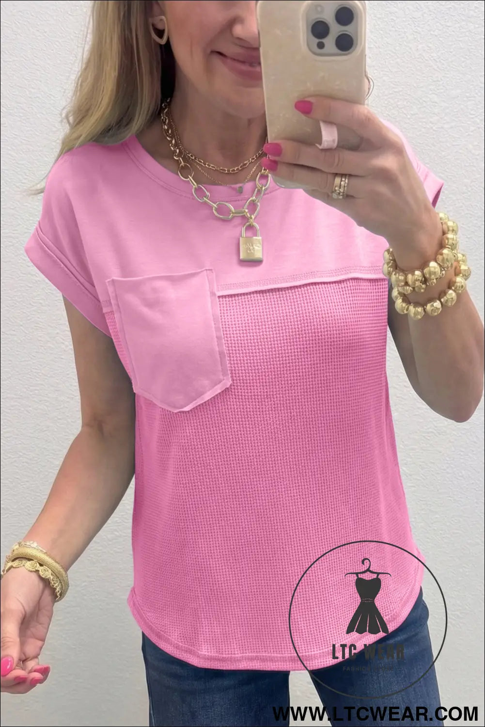 Pink solid color raw seam waffled patchwork casual t shirt - tops & tees