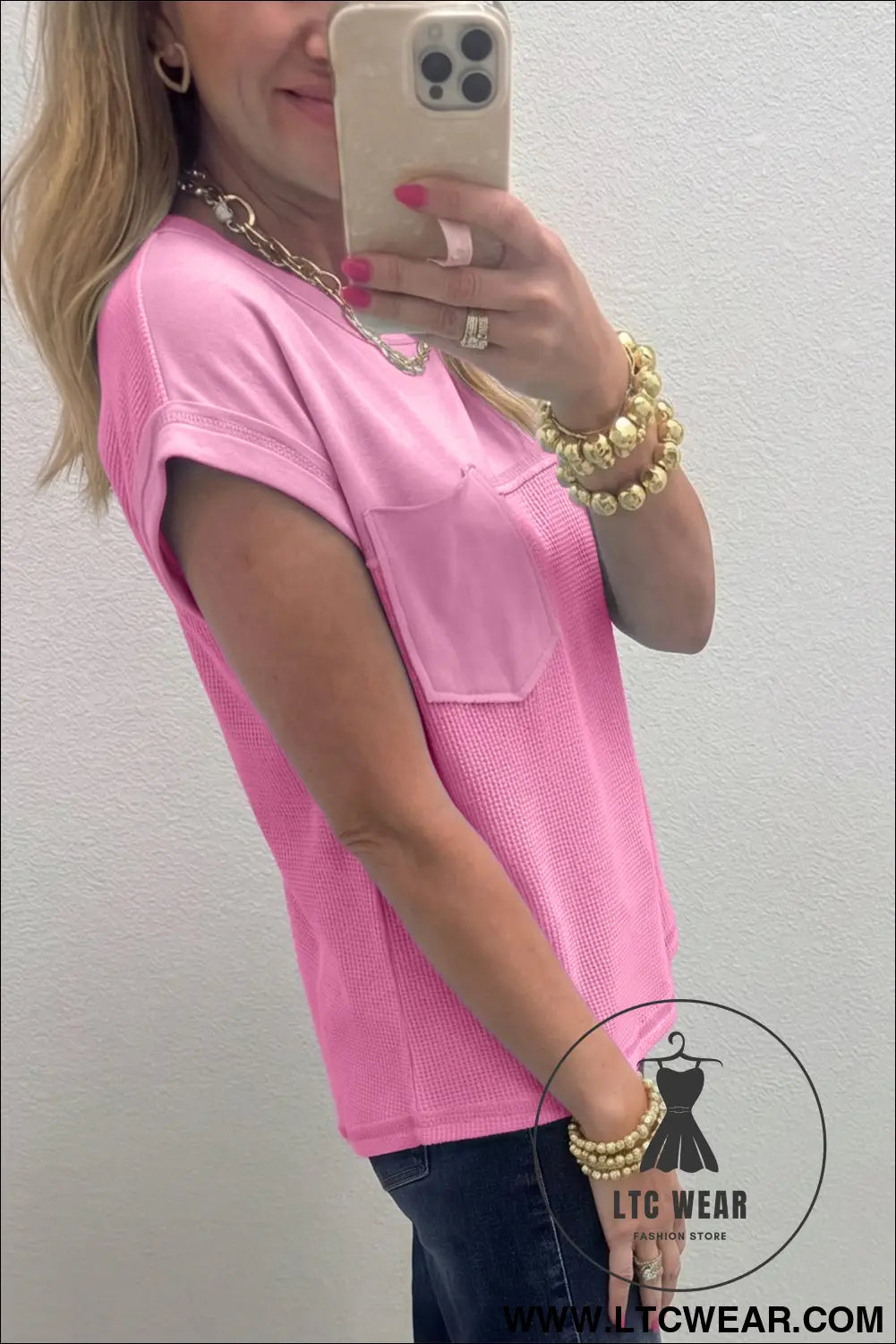 Pink solid color raw seam waffled patchwork casual t shirt - tops & tees