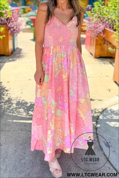 Pink Spaghetti Straps Floral Shirred High Waist Dress