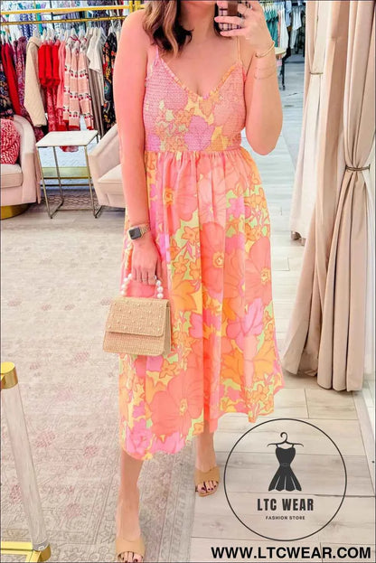 Pink Spaghetti Straps Floral Shirred High Waist Dress