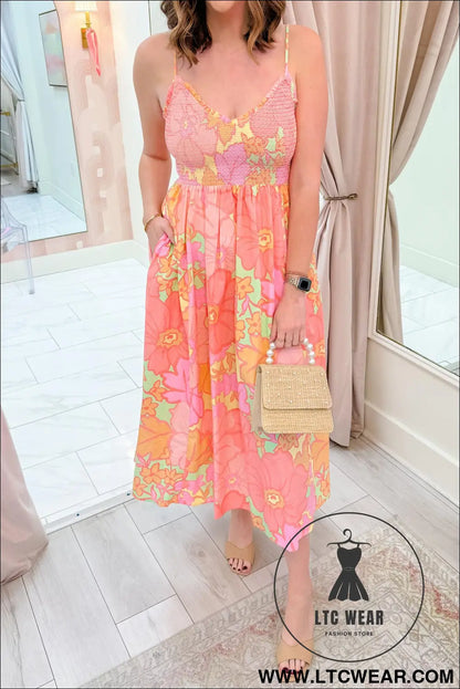 Pink spaghetti straps floral shirred high waist dress - floral dresses