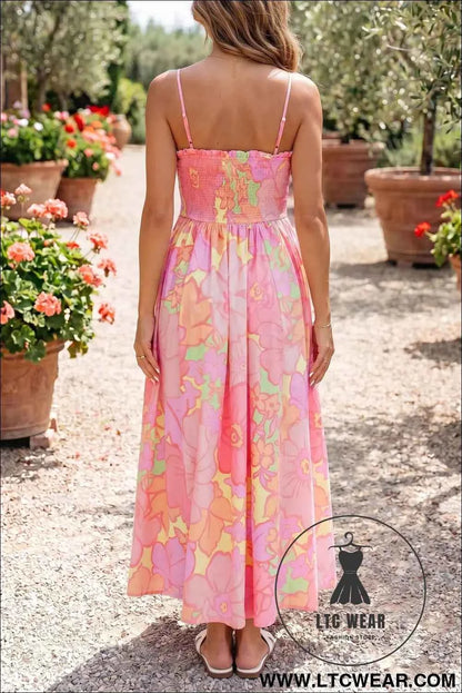 Pink Spaghetti Straps Floral Shirred High Waist Dress