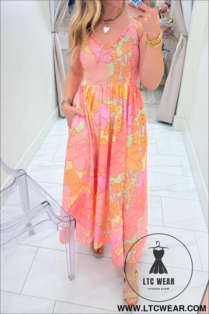 Pink spaghetti straps floral shirred high waist dress - floral dresses